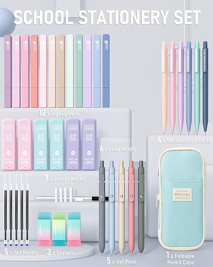 Four Candies 39 PCS Aesthetic School Supplies with Cute Pen Case, 12 Pastel Highlighters, 5 Black Ink Gel Pens, 6 Mechanical Pencils Set 0.5 & 0.7mm for Students Stationary College Essentials (Blue)