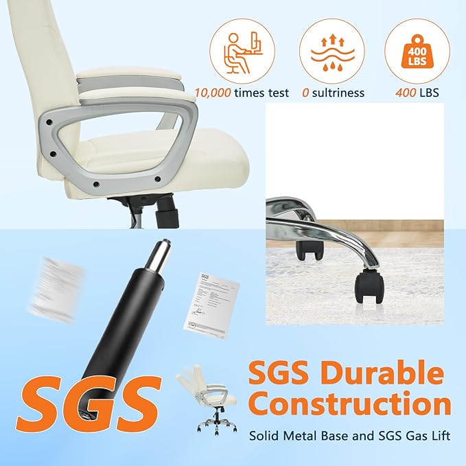 CLATINA Office Computer Desk Chair Executive Mid Back Chair Comfortable Ergonomic Managerial Chair Adjustable PU Leather Home Office Desk Chair Swivel, White 1PK