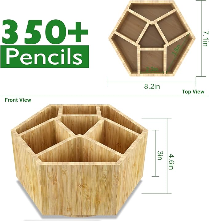 Bamboo Art Supply Organizer, Back to School Supplies, Hold 350+ Pencils, Rotating School Supplies Holder for Pen, Colored Pencil, Art Brushes, Desktop Storage Caddy for Classroom & Art Studio