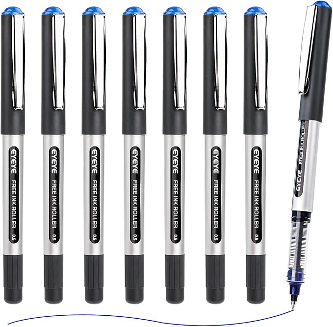 EYEYE Blue Ink Rollerball Pens Extra Fine Point Quick Dry, 8 Pack 0.5mm Liquid Ink Pen Fine Point Smooth Writing Pens for Journaling, Note Taking, Office, School Supplies
