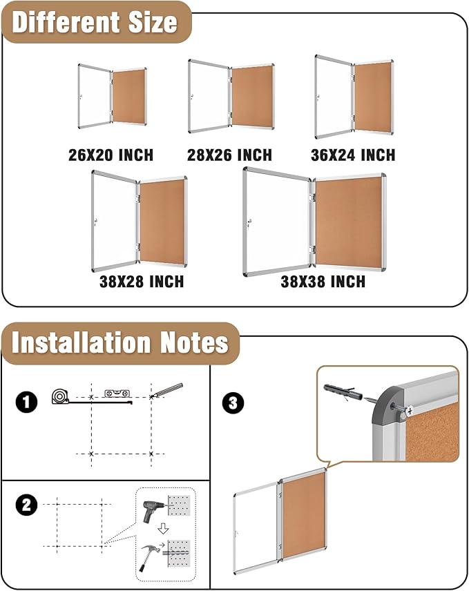 28"x26" Enclosed Bulletin Board, Lockable Weather-Resistant Aluminum Cork Noticeboard for School & Office, Silver Frame w/Cork