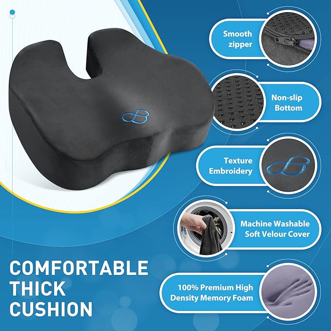 BlissTrends Seat Cushion,Thick Memory Foam Cushions for Office Chair, Car Seat, Airplane, Relieving Pressure Tailbone Sciatica Back Pain for Long Sitting Office Workers, Car Drivers 4.7in Thick Grey