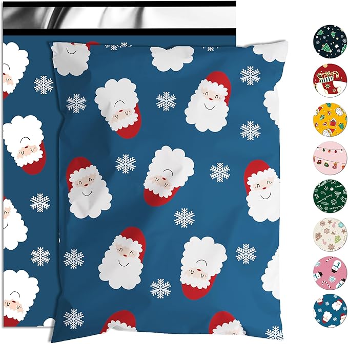 Christmas Poly Mailer - 12x15.5 Inch, 50 Pcs Waterproof Shipping Bags for Clothing, Tear-Resistant, Strong Mailing Bags with Self-Seal - Santa Claus and Snowflakes Printed