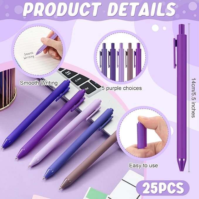 100 Pcs Ballpoint Pens Bulk Retractable Writing 1. 0 mm Black Ink Cute Pens Smooth Writing Color Fancy Gift for Teacher Student Employee Office School Home Baby Shower Supplies (Purple Series)