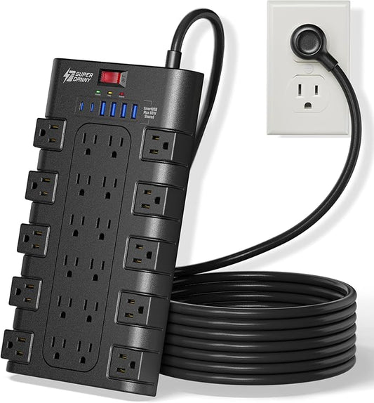 10Ft Power Strip Surge Protector, SUPERDANNY Charging Station 22 Outlets with 45W Type-C Fast Charging USB Ports, 4 USB-A, 2 USB-C, 2100J, 15A/1875W, Flat Plug Extension Cord for Home Office Black
