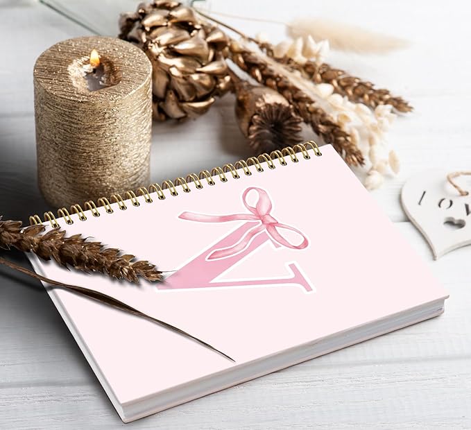 Coquette Trendy Preppy Pink Bow Spiral Notebook,Initial V Journal Personalized Teen Girl Gifts,Monogrammed Gifts for Women Teen Girl,College Ruled Hardcover Spiral Notebook 5.5 x 8.3