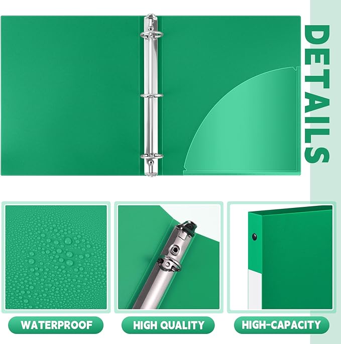 Henoyso 16 Pcs 3 Ring Binder 1/2'' Round Fits Letter Size 8. 5'' x 11'' Paper Plastic Flexible Binder Holds 100 Sheets with 1 Pockets Versatile Organizer for Office Home School (Green)