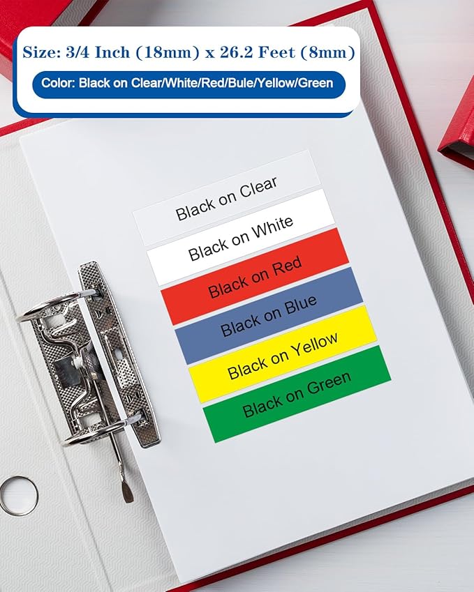 6PK TZe TZ Tape 18mm 0.7" Laminated Colored Compatible for Brother P Touch Label Maker Tape TZe-241 141 441 541 641 741 Work for PT-D400 D600 D410 D400 PT-D610BT, White/Clear/Red/Blue/Yellow/Green