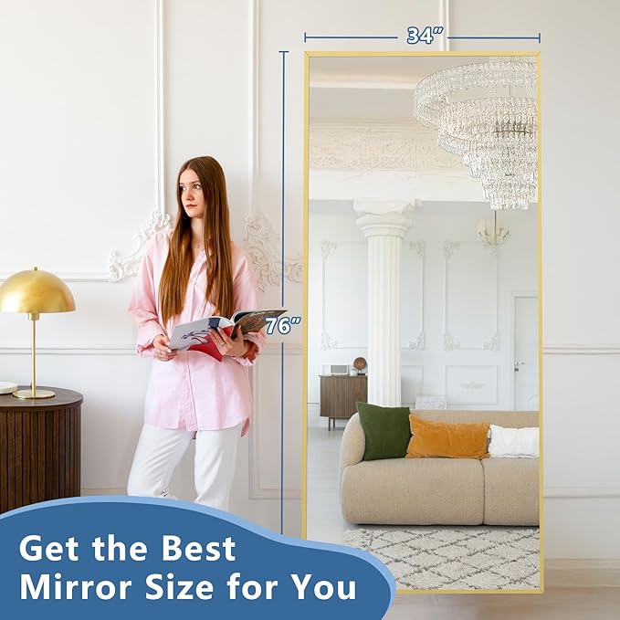 Full Length Mirror with Stand 76"x34" Extra Large Gold Floor Mirror, Rectangle Standing Mirror for Living Room Bedroom Cloakroom Gym, Thin Aluminum Frame, Tempered Glass