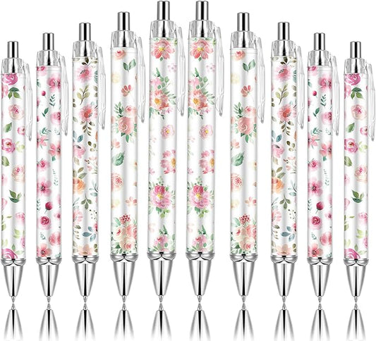 10 PCS Pink Floral Pens Flower Ballpoint Pens 0.5 mm Rollerball Tip Cute Fashionable Retractable Ballpoint Pen for Office Supplies Black Ink, Medium Point (Pink Flower, 10)
