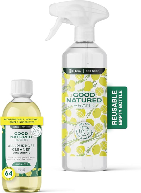 Good Natured Brand All-Purpose Cleaner Concentrate + 16 oz Bottle | Multi-Surface Cleaner | Natural Lemon Essential Oil | Multipurpose Cleaner All Surfaces | Lemon Love | 4oz makes 64oz