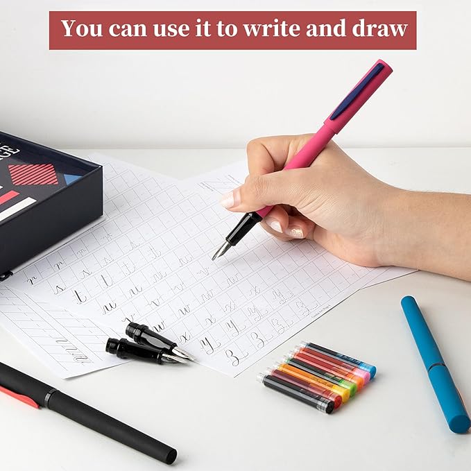 Calligraphy Pen Set,Fountain Pens with 7 Different Replaceable Nibs with 60 Ink Cartridges(12 Colors),Calligraphy Set for Beginner Writing Drawing