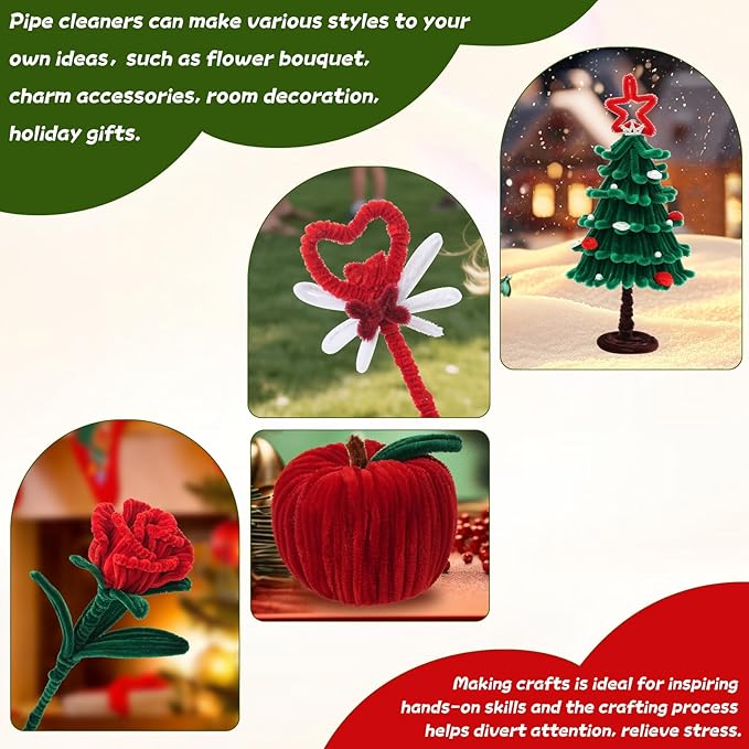 400 Pcs Red Pipe Cleaners for Crafts, 4 Colors Chenille Stems Bulk with Floral Wires, Gardening Tape,Hot Glue Stick，Greeting Card,Bouquet Paper, Pearl & Ribbon, Flowers Craft kit for Christmas