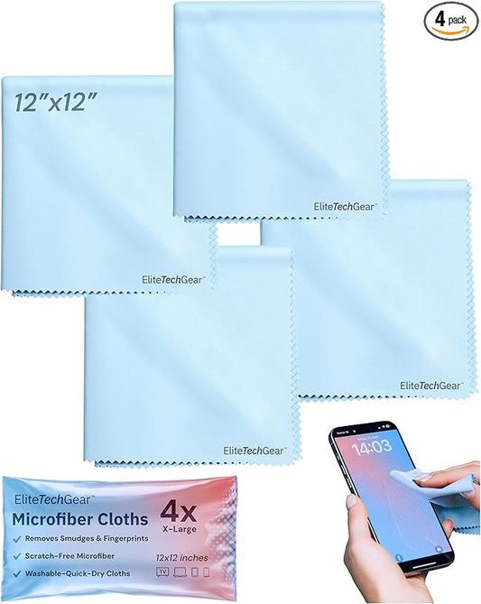Elite Tech Gear 4-Pack Microfiber Cloth Set - 12"x12" Oversized Washable & Durable Wipes for Glasses, Lenses, Electronics & Screens - Glasses Cleaner Cloth