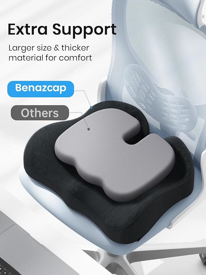 Benazcap Seat Cushion - Memory Foam Office Chair Cushion Seat Pad - Sciatica & Lower Back Pain Relief - Car Seat Cushions for Driving Seat Cushions