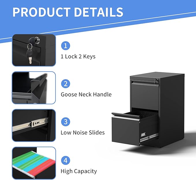 2 Drawer File Cabinet with Lock, Vertical File Cabinet with Lock, Locking File Cabinet Hanging Files for A4/ Legal/Letter,Black