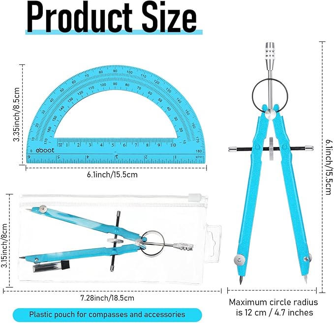 EBOOT Student Geometry Math Set, Drawing Compass and 6 Inch Clear Swing Arm Protractors 180 Degree Math Protractor(Blue and Blue)