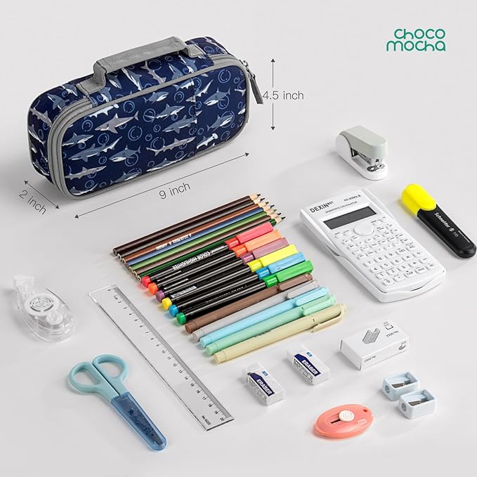 Choco Mocha Shark Pencil Case for Boys, Soft Pencil Case Kids Pencils Pouch for Kindergarten Boys, Blue