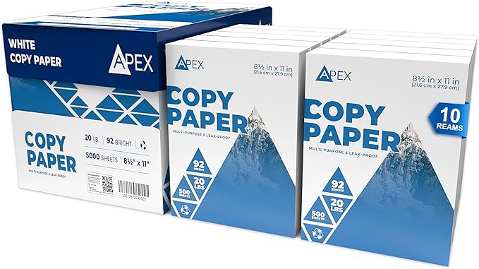 Copy Paper, Printer Paper, 20lb Multipurpose, Printer Paper 8.5 x 11 White, 92 Bright, White Paper, Office Supplies, 500 Sheets Per Ream (10 Reams Case 5000 Sheets)