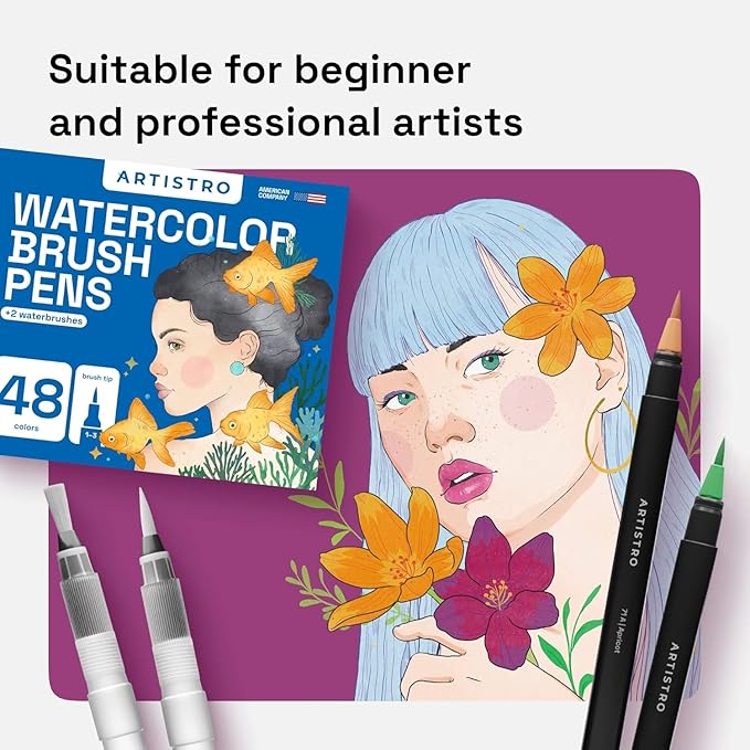ARTISTRO 48 Watercolor Markers with Flexible Paint Brush Pens for Pros & Beginners - Consistent, Smooth, Bright, Washable, Non-Toxic, Ideal for Coloring, Calligraphy, & Manga