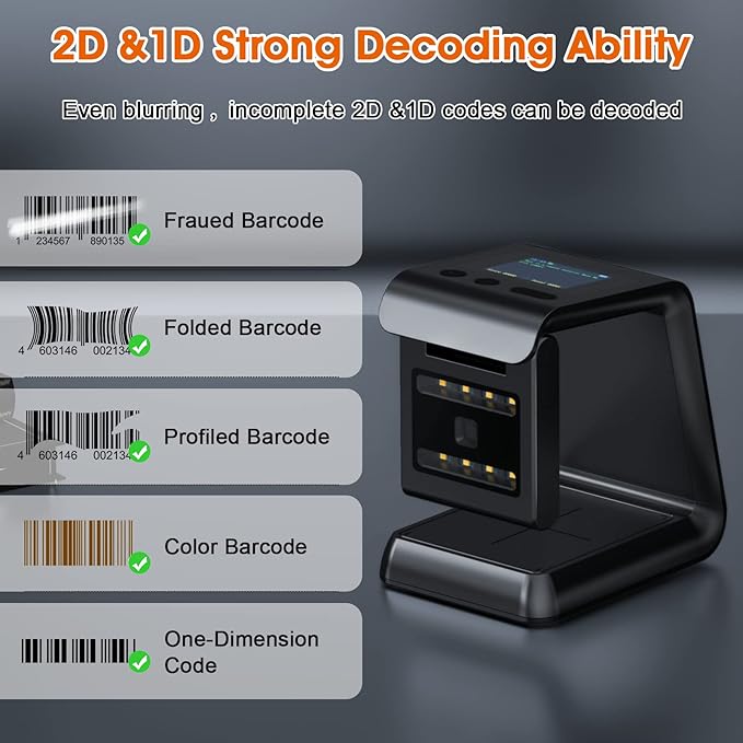 Alacrity 2D QR Wireless Barcode Scanner Hands-Free Omnidirectional Desktop Bar Code Scanner with Screen Display Compatible with Bluetooth & 2.4GHz Wireless for Airport Supermarket