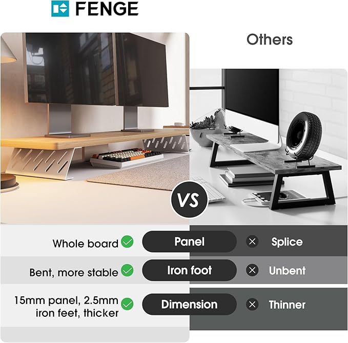 Fenge Dual Monitor Stand Riser, 42.5 Inch Desk Top Shelf for 2 Monitors, Computer Stands for Desk, Wood & Steel Desktop Riser for Laptop, PC, Printer