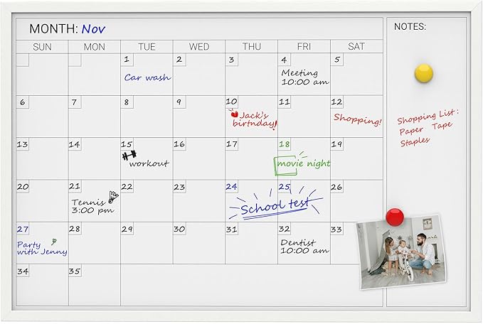 Comix Dry Erase Calendar Whiteboard for Wall,Magnetic Dry Erase White Board with White Wood Frame, 36 * 24 inches Decorative Planner Board for Office, Kitchen, School, Home