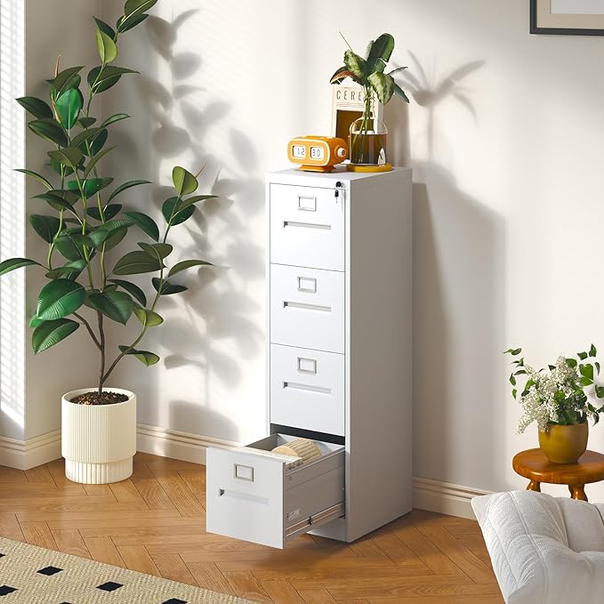 4 Drawer File Cabinet with Lock, Metal Vertical Filing Storage Cabinet for Home Office, Steel Vertical File Cabinets for A4 Legal/Letter Folders,Silent Sliding Drawers, Assembly Required (White)