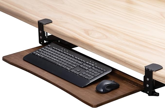 D'vine Dev Under Desk Keyboard Tray with Wrist Rest Bamboo Wood Keyboard Drawer with Full Size Mouse Pad, Walnut Color, KBT-2