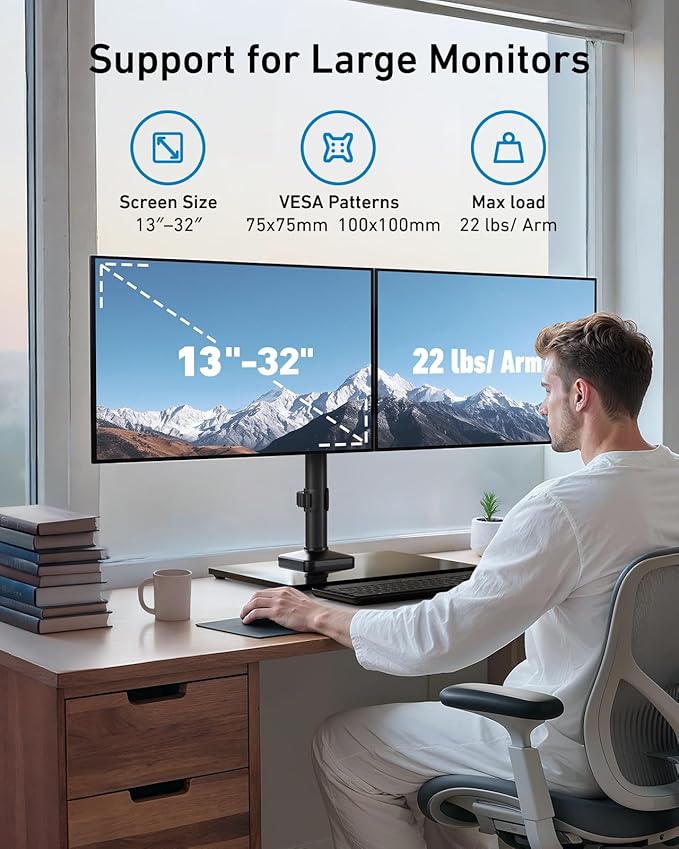 HUANUO Freestanding Dual Monitor Stand, 32 Inch Dual Monitor Mount for 2 Screens, Holds up to 22 lbs per Arm, Monitor Arm Riser with Tempered-Glass Base, Tilt, Swivel, Rotation, Black
