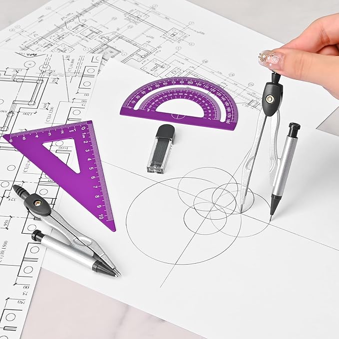 6 Pcs Metal Geometry Set, Math Geometry Kit, Metal Ruler Set and Compass Geometry Tool, Rulers Protractor and Compass Set for Student School and Drawings Supplies (Purple)