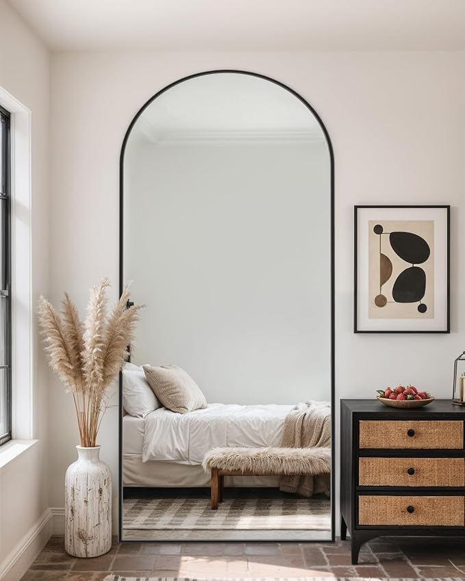 Full-Length Floor Mirror with Stand, 71"x26" Arched Style Full Body Standing Mirror for Bedroom, Living Room, Gym, Dorm - Shatter-Resistant & Easy Assembly, Black