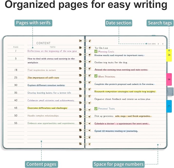 AHGXG Lined Spiral journaling notebooks With Numbered Pages, Hardcover Leather College Ruled Notebook 5.7" x 8.3" A5, light ivory Paper, Notebooks for School Work, Journals for Women,GrayBlue