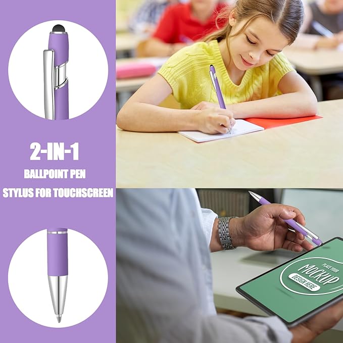 12 Pcs Blue Ink Ballpoint Pen with Stylus Tip, 1.0 mm Metal Pen Stylus Pen for Touch Screens, 2 in 1 Thank You Pen Gift for Friends, Colleagues, Coworker, Office, Family(Purple)