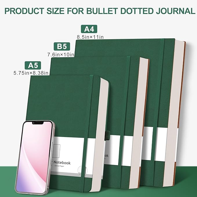 AHGXG Bullet Dotted Journal - Large A4 Notebook Dotted, 8.5''×11'', 320 Pages Dot Grid Notebook, 100gsm Thick Paper, Leather Softcover, with Journal Stencils, Inner Pocket - Green