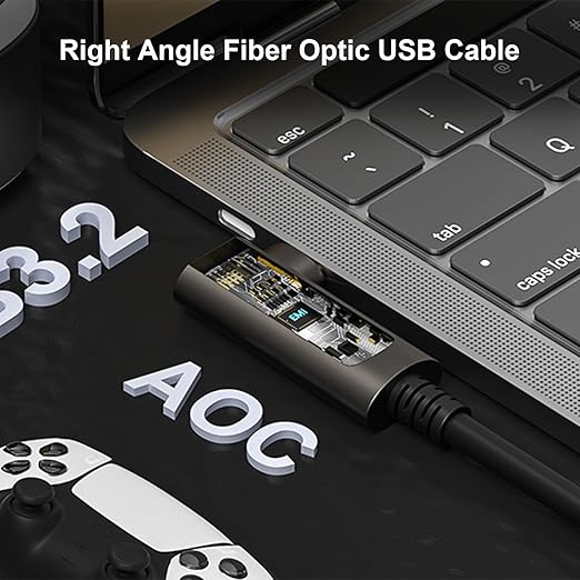 GeoHN.G USB C to C Fiber Optic Extension Cable 15M/50FT, Right Angle USB 3.2 10Gbps Long Distance Active Optical USB C Cable for VR/AR, Quest2, Webcam, Camera, Mini PC and More
