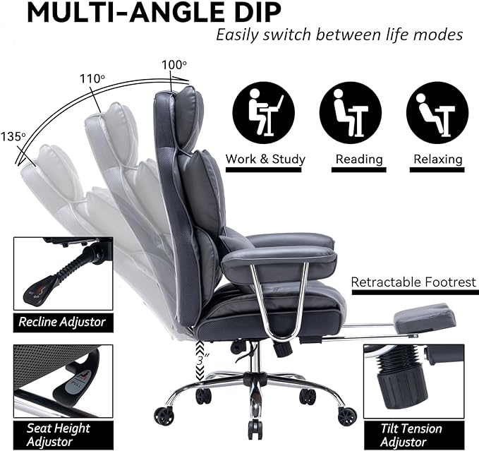 Efomao Big and Tall Office Chair with Footrest, 400LBS PU Leather High Back Executive Office Chair with Lumbar Support, Wide Computer Chair for Home Office, Dark Grey