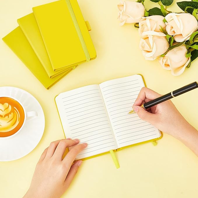 40 Pieces Small Notebooks A6 Pocket Journals 3.5 x 5.5 Inch Small Leather Notebook Mini Ruled Lined Journal with Elastic Band Pen Holder Page Marker Ribbons (Yellow)
