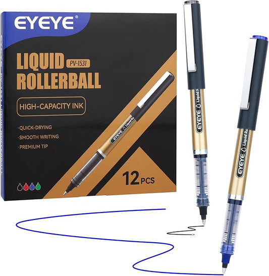 EYEYE Rollerball Pens 6 Black 6 Blue 0.7mm Medium Point, Quick Dry Liquid Ink Smooth Writing Pens for Journaling, Office, School, Note Taking Supplies