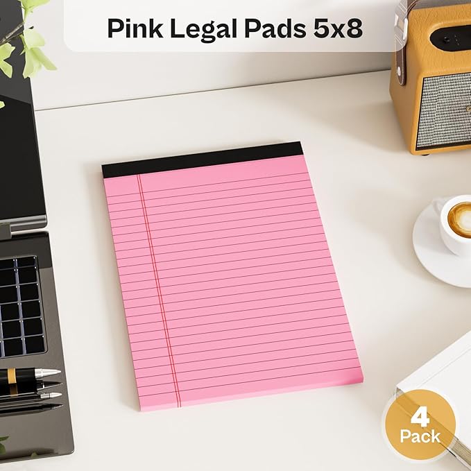 4 Pack Note Pads 5 x 8 Inch Pink Small Legal Pads 5 x 8 Colored Notepad 5 x 8 Micro Perforated Writing Pads Lined Paper Pads College Ruled Pad Paper 30 Sheets Notebook for Study, To-Do Lists, Office