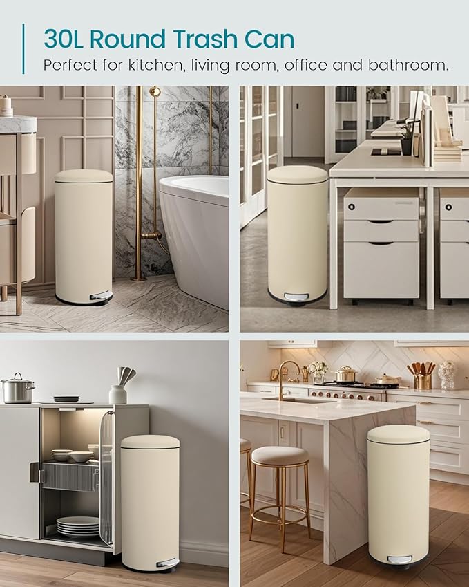 8 Gallon Trash Can, Tall Round Stainless Steel Garbage can with Removal Inner Liner, Soft Close lid, Step on Pedal Trash bin for Kitchen, Office, Living Room or Bathroom, Cream