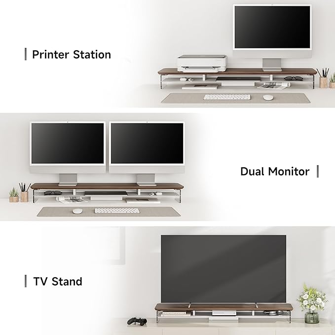 Fenge Acrylic Monitor Stand Riser, 42.5 Inches Dual Monitor Stand with Metal Storage, 2 Tier Acrylic Computer Riser for Desk, Clear Laptop Stand for PC, Laptop, Printer, TV, Brown