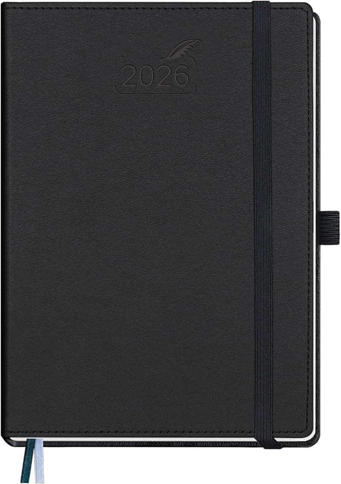 BEZEND 2026 Planner Weekly and Monthly (6" x 8.5") Daily Calendar with Half-Hourly Timeslots & Tabs (Jan-Dec) Note & Expenses, Pen Holder, Inner Pocket, Vegan Leather Hardcover - Black