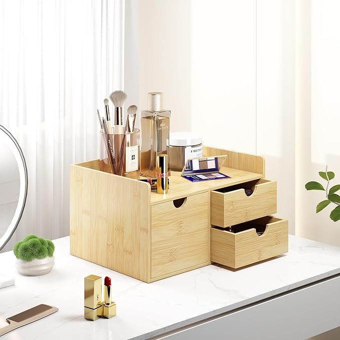 Desk Organizer with Drawers - Bamboo Desktop Organizer Storage | Wood Desk Drawers Organizer for Bills, Office Supplies, Cosmetics, Seals No Assembly Required (3 Drawer with Big Drawer)