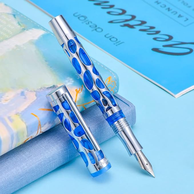 Asvine V169 Vacuum Filling Fountain Pen Extra Fine Nib, Water Drop Skeleton Transparent Blue Acrylic Pen Case Set