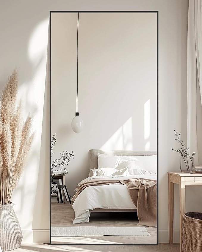 Full-Length Floor Mirror with Stand, 71"x28" Rectangle Style Full Body Standing Mirror for Bedroom, Living Room, Gym, Dorm - Shatter-Resistant & Easy Assembly, Black