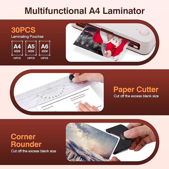 BISOFICE 4 in 1 A4 Laminator Machine Set, Multifunctional Rapid Heating Lamination with Paper Cutter, Trimmer Rounder, 30 Laminating Pouches Suitable for A4/A5/A6 for Home Office School Supplies
