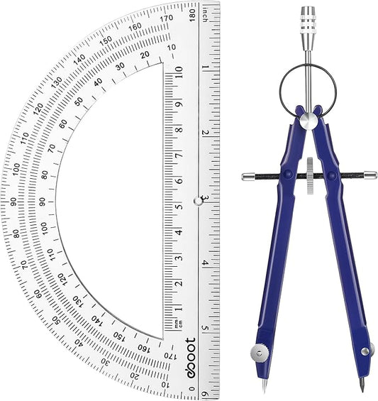 EBOOT Student Geometry Math Set, Drawing Compass and 6 Inch Clear Swing Arm Protractors 180 Degree Math Protractor (Blue)