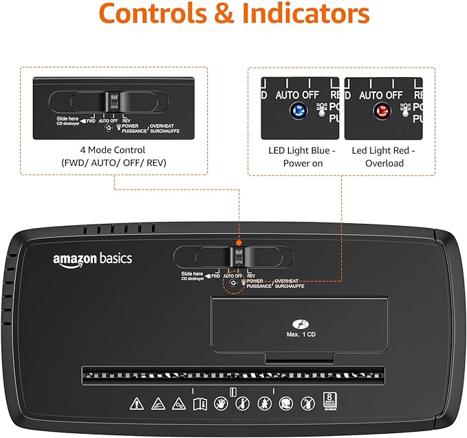 Amazon Basics 8-Sheet Strip Cut Paper, CD, and Credit Card Shredder with Auto-Off Compact, Portable Design, No Basket, Extendable Arm, Black