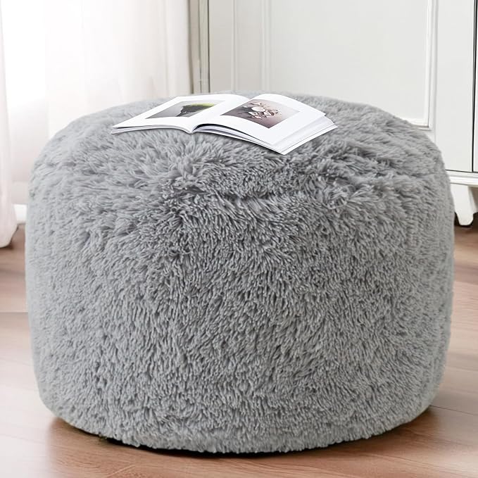 HIGOGOGO Round Stuffed Pouf Ottoman, Long Faux Fur Poufs with Foam Chunk Filling, Fluffy and Furry Pouf Foot Stool Storage Ottoman, 26 X 18 Floor Poufs Foot Rest for Living Room, Light Grey